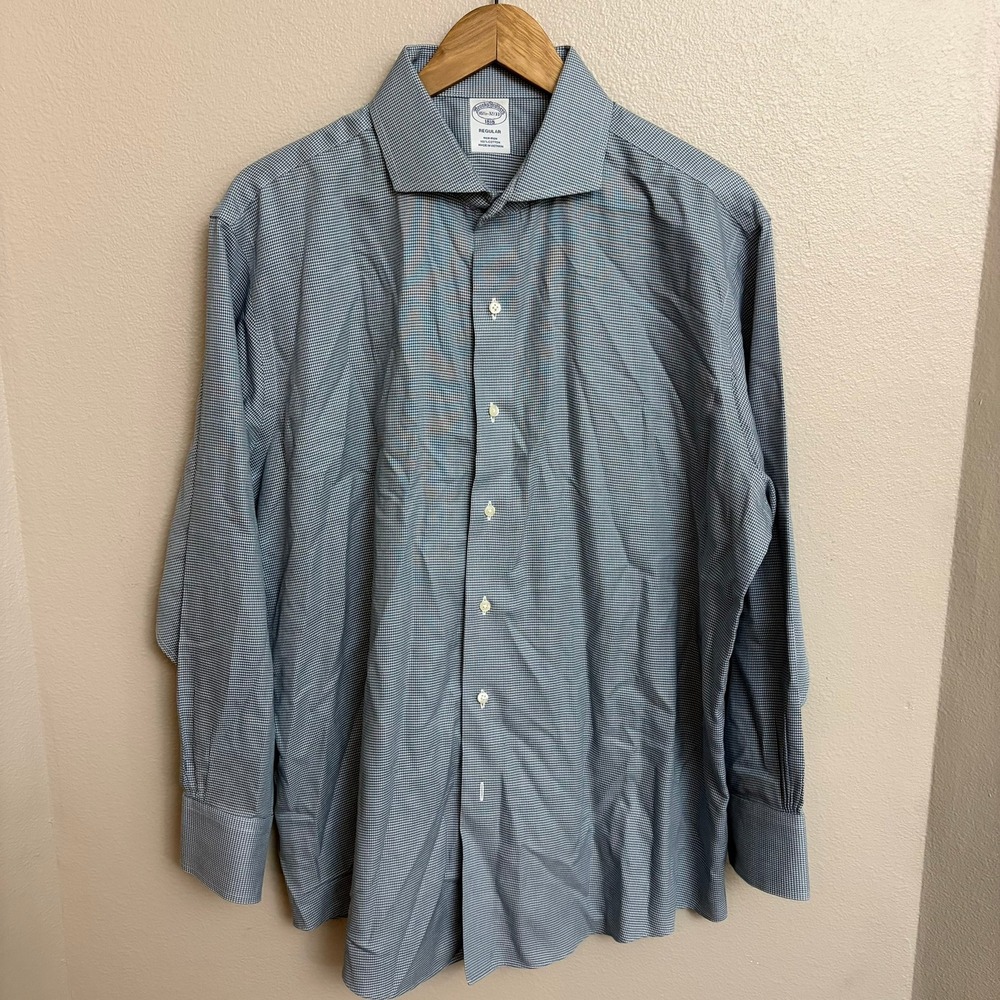 Brooks Brothers Regular Fit Oxford Dress Shirt 16.5 32/33 Green Micro Check